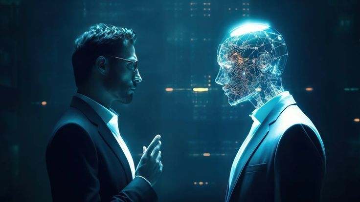 A businessman facing a glowing wireframe figure, representing collaboration between people and artificial intelligence