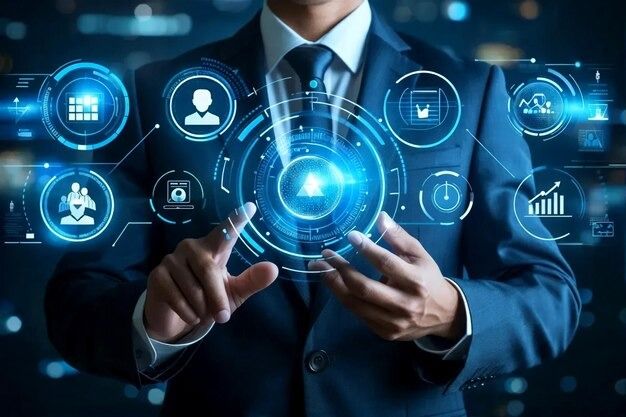 Hands interacting with a circular holographic interface of connected business and analytics icons
