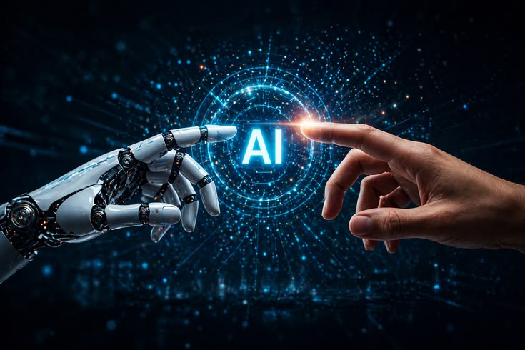 A robotic hand and a human hand reaching towards a glowing AI symbol