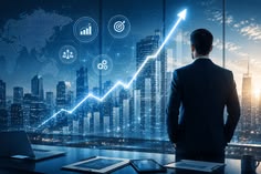 A person looking out over a city skyline beside a rising growth chart and performance icons